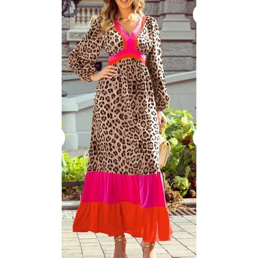 Unbranded Leopard Print  Long Sleeve, Maxi, Size XL Boho Hippie Whimsy Dress